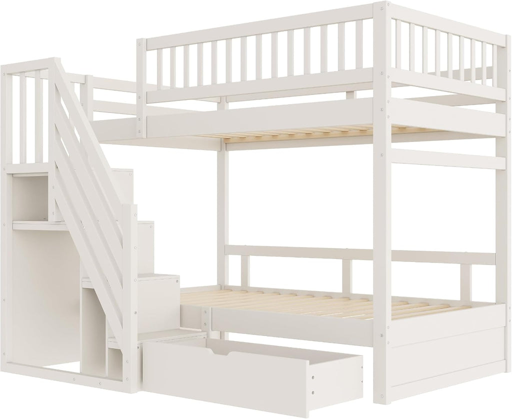 Kinderbett Etagenbett 90x200 Für 2 Kinder, Hochbett mit Treppe&Aufbewahrungsschrank&Schublade, Massivholz Funktionsbett Stockbett Jugendhochbett mit 2xLattenrost & Rausfallschutz, Ohne Matratze, Weiß