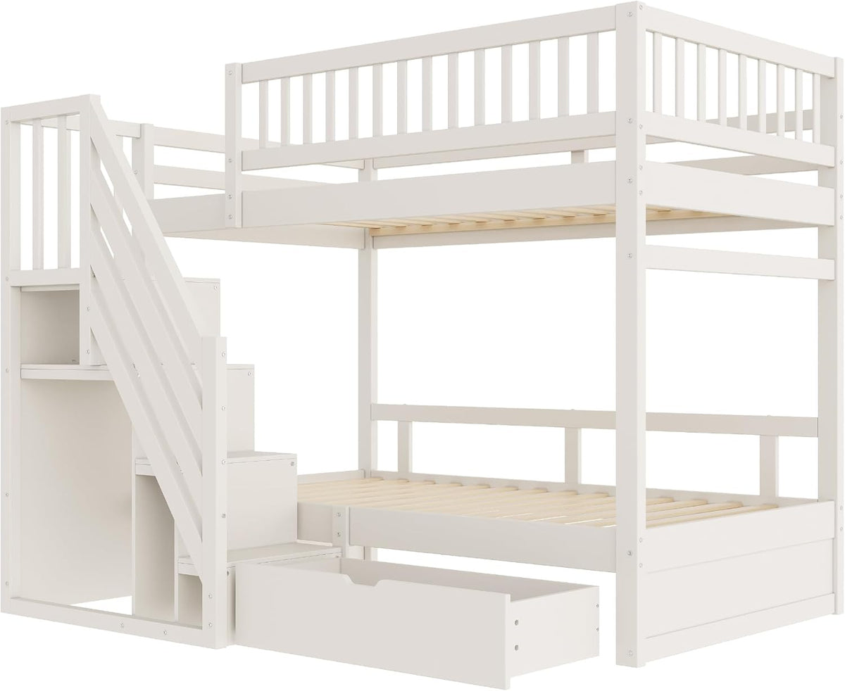 Kinderbett Etagenbett 90x200 Für 2 Kinder, Hochbett mit Treppe&Aufbewahrungsschrank&Schublade, Massivholz Funktionsbett Stockbett Jugendhochbett mit 2xLattenrost & Rausfallschutz, Ohne Matratze, Weiß