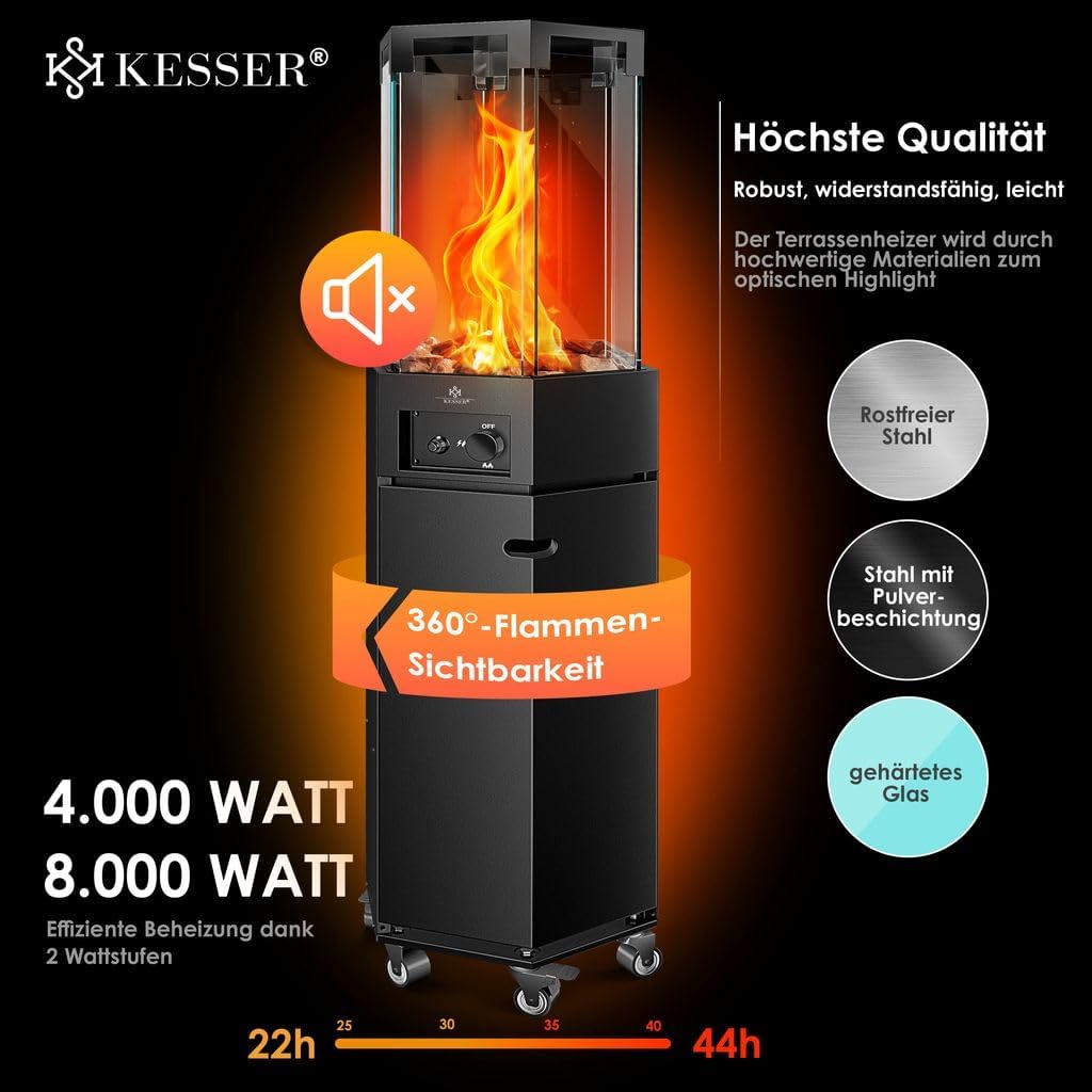 KESSER® Gasheizstrahler 4/8 kW Gas Piezozündung Heizung + Gasdruckregler + Cover, 360° Rollen Kippschutz, Terrassenheizstrahler Gasheizung Gasheizer Outdoor Kamin Mobiler Heizpilz, Heizer, Schwarz