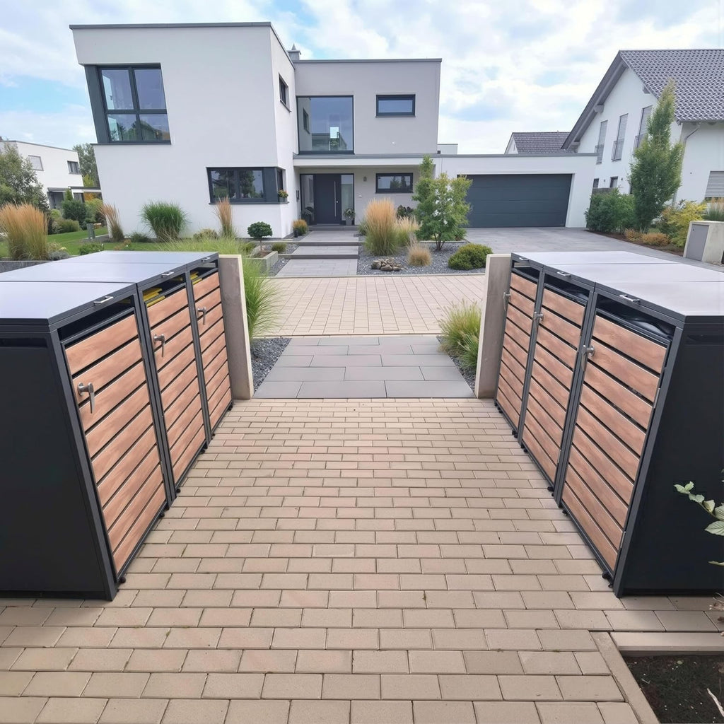 Metzler Mülltonnenbox in Anthrazit & Holzoptik 3er 240L, Mülltonnenverkleidung 3 Tonnen, witterungsbeständiger und pulverbeschichteter Stahl mit Automatikdeckel, abschließbar, Garten- und Müllbox