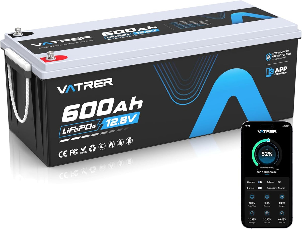 12V 600Ah LiFePO4 Lithiumbatterie mit APP-Überwachung,300A BMS,Schutz vor hohen/niedrigen Temperaturen,3840W Maximalleistung für Wohnmobile,Solar,Boote,netzunabhängige Systeme,Hausenergiespeicher