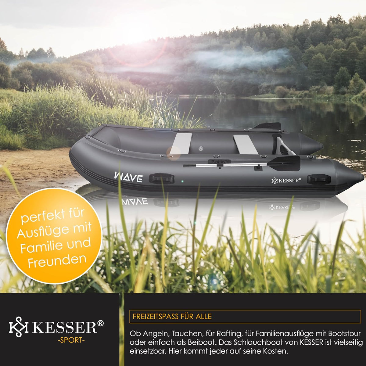 KESSER® Schlauchboot 3,20 m für 4 Personen - Wave Motor geeignet Freizeitboot Paddelboot Motorboot Angelboot - mit 2 Sitzbänken, Reparaturset & Tasche aufblasbar PVC