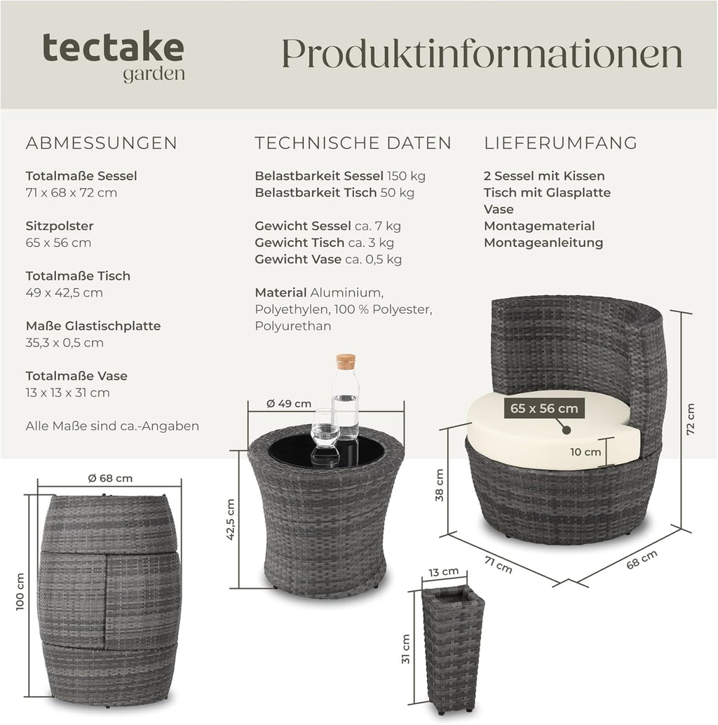 tectake® Rattan Set 2 Personen, Balkonmöbel, Aluminium Gartenmöbel Set, Outdoor Sitzgruppe mit 2X Stuhl, 1 Beistelltisch rund, 1 Vase, platzsparend zusammenschiebbar, mit Polster und Kissen - grau