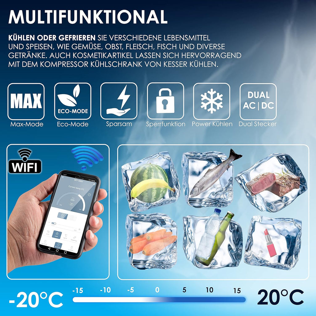 KESSER® Kompressor Kühlbox auto elektrisch 50L, Camping Kühlbox 12/24/230V mit APP-Steuerung, Gefrierbox bis –20 °C, Kühlbox mit Rädern & Teleskopgriff für Camping, Wohnmobil, LKW & Boot + 2 Kühlakkus