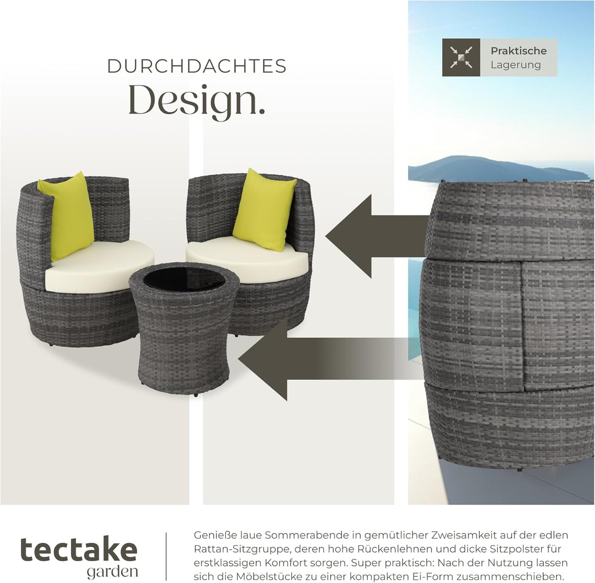 tectake® Rattan Set 2 Personen, Balkonmöbel, Aluminium Gartenmöbel Set, Outdoor Sitzgruppe mit 2X Stuhl, 1 Beistelltisch rund, 1 Vase, platzsparend zusammenschiebbar, mit Polster und Kissen - grau