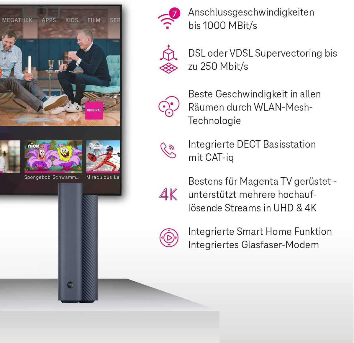 Telekom Router Speedport 7 I Wi-Fi 7 Router für Telekom-Anschluss I Glasfaser-Modem I Bis zu 6.760 Mbit/s | Mesh-Technologie & Magenta SmartHome Basis integriert I Ideal für Entertain TV in UHD & 4K