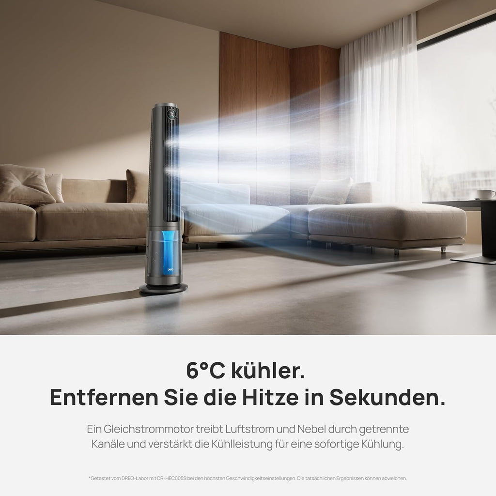 DREO TurboCool Nebelventilator 765S, 3-in-1 Turmventilator mit Ultraschall, WLAN & App-Steuerung, 6 L Tank, 10.4 m/s Luftstrom, 20 dB leiser DC-Motor, 90° Oszillation, 12 Geschwindigkeiten, 4 Modi