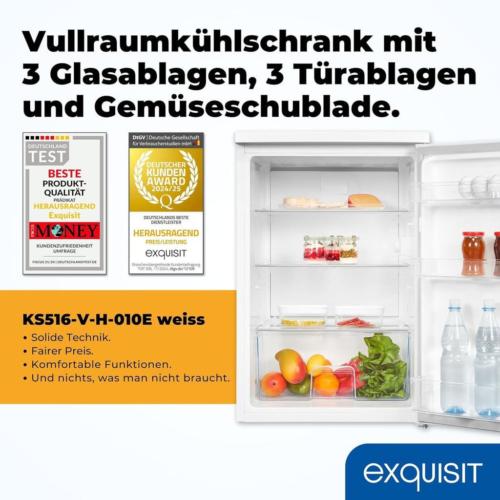 Exquisit Kühlschrank ohne Gefrierfach, 133 Liter, Vollraumkühlschrank freistehend, Türanschlag Wechselbar, KS516-V-H-010E weiss