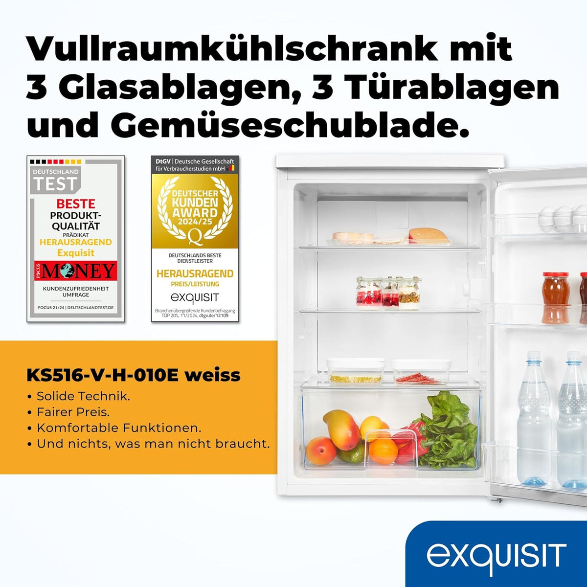 Exquisit Kühlschrank ohne Gefrierfach, 133 Liter, Vollraumkühlschrank freistehend, Türanschlag Wechselbar, KS516-V-H-010E weiss