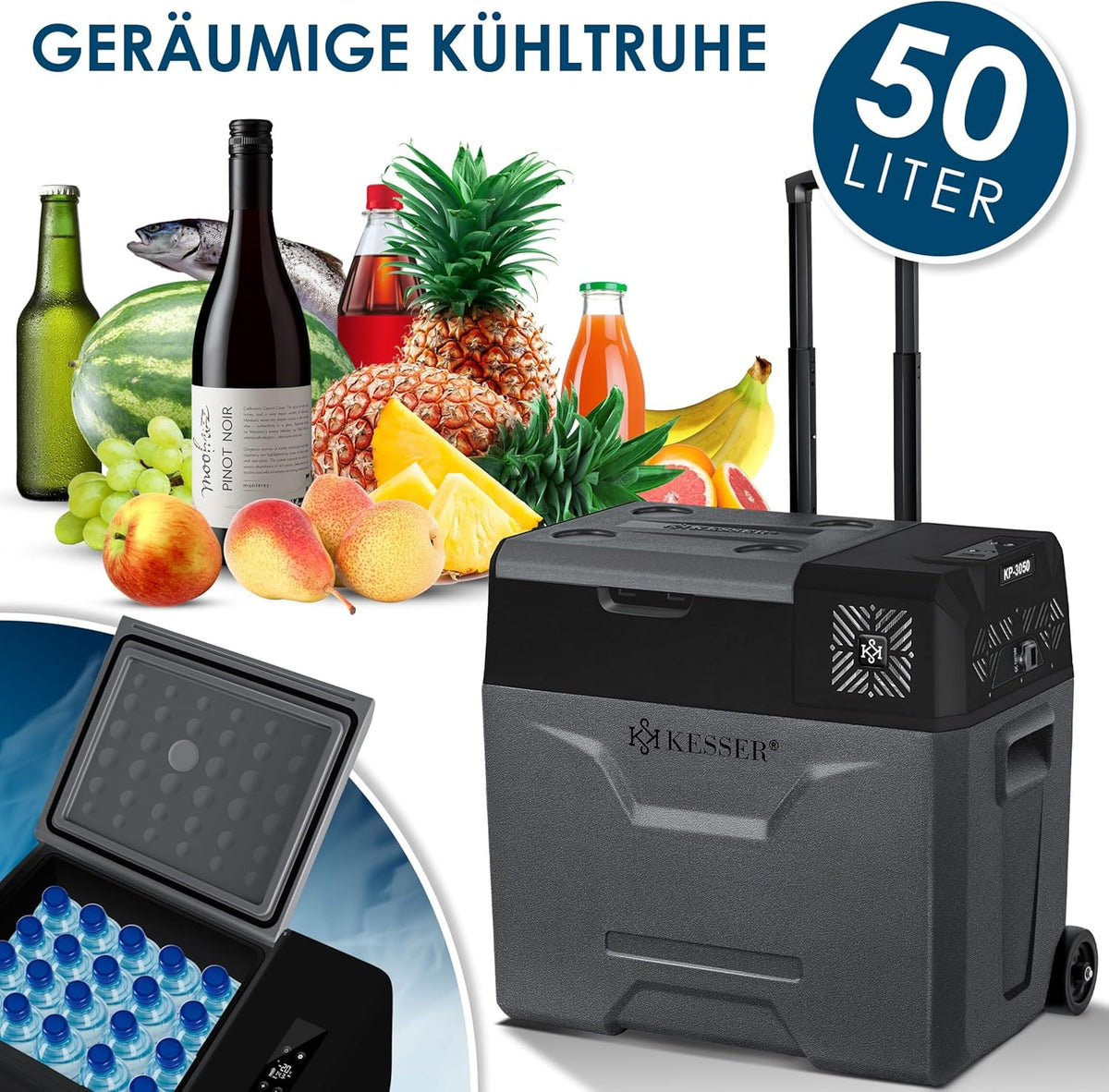 KESSER® Kompressor Kühlbox auto elektrisch 50L, Camping Kühlbox 12/24/230V mit APP-Steuerung, Gefrierbox bis –20 °C, Kühlbox mit Rädern & Teleskopgriff für Camping, Wohnmobil, LKW & Boot + 2 Kühlakkus