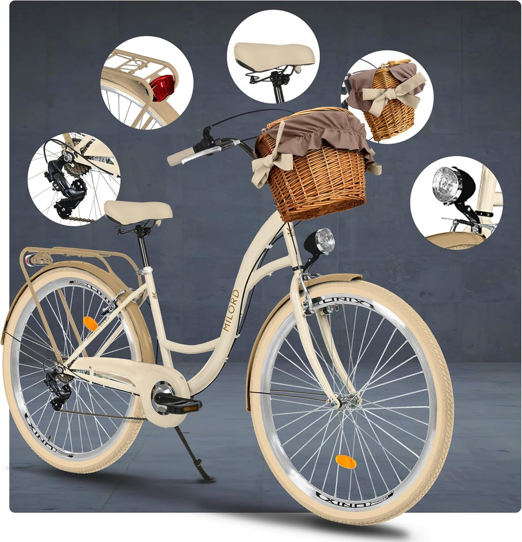 Generic Komfort Fahrrad Citybike Mit Weidenkorb Damenfahrrad Hollandrad, 28 Zoll, Creme-Braun, 7-Gang