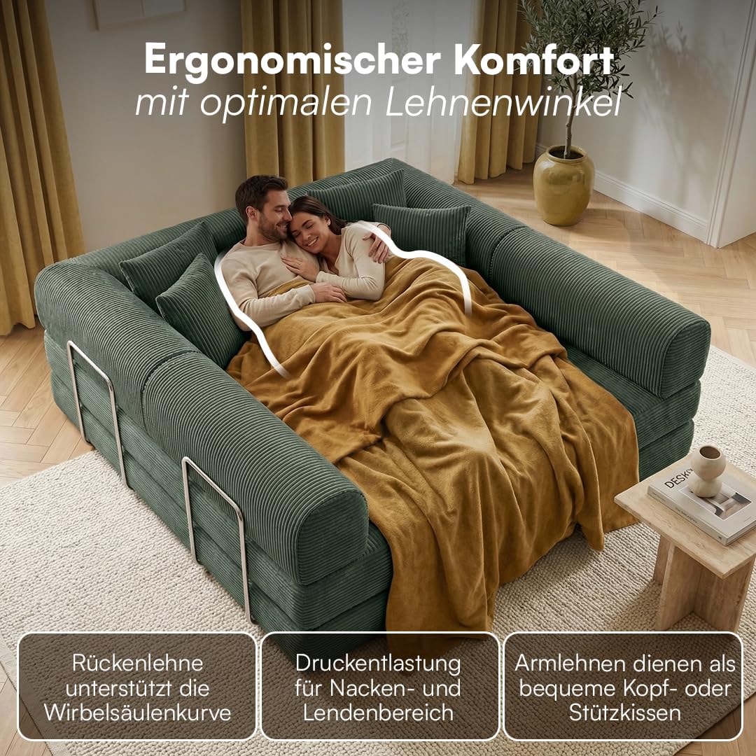 skølm Lofn Ecksofa 4 Sitzer – Wohnlandschaft L-Form Cord – Klappsofa 300cm breit Dunkelgrün – ausklappbar zum Schlafsofa, Bodensofa – Vollschaum Sofa mit 4 Kissen & Stahlgestell – Cloud Couch boneless | ohne Aufbau