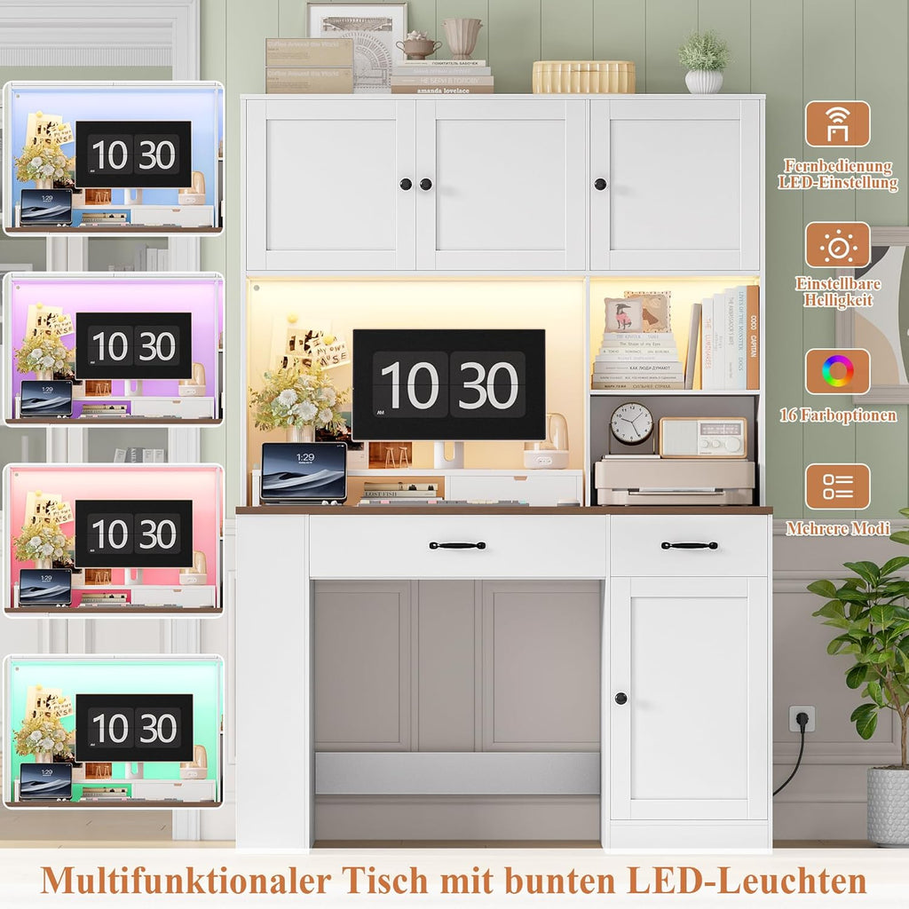 FirFurd 180cm hohe Schreibtisch mit Schubladen und Bücherregal, Computertisch aus Holz mit LED & Steckdosenleiste, Bürotisch PC-Tisch Möbel für Arbeitszimmmr, Büro, Kinderzimmer 180x120x50cm Weiß