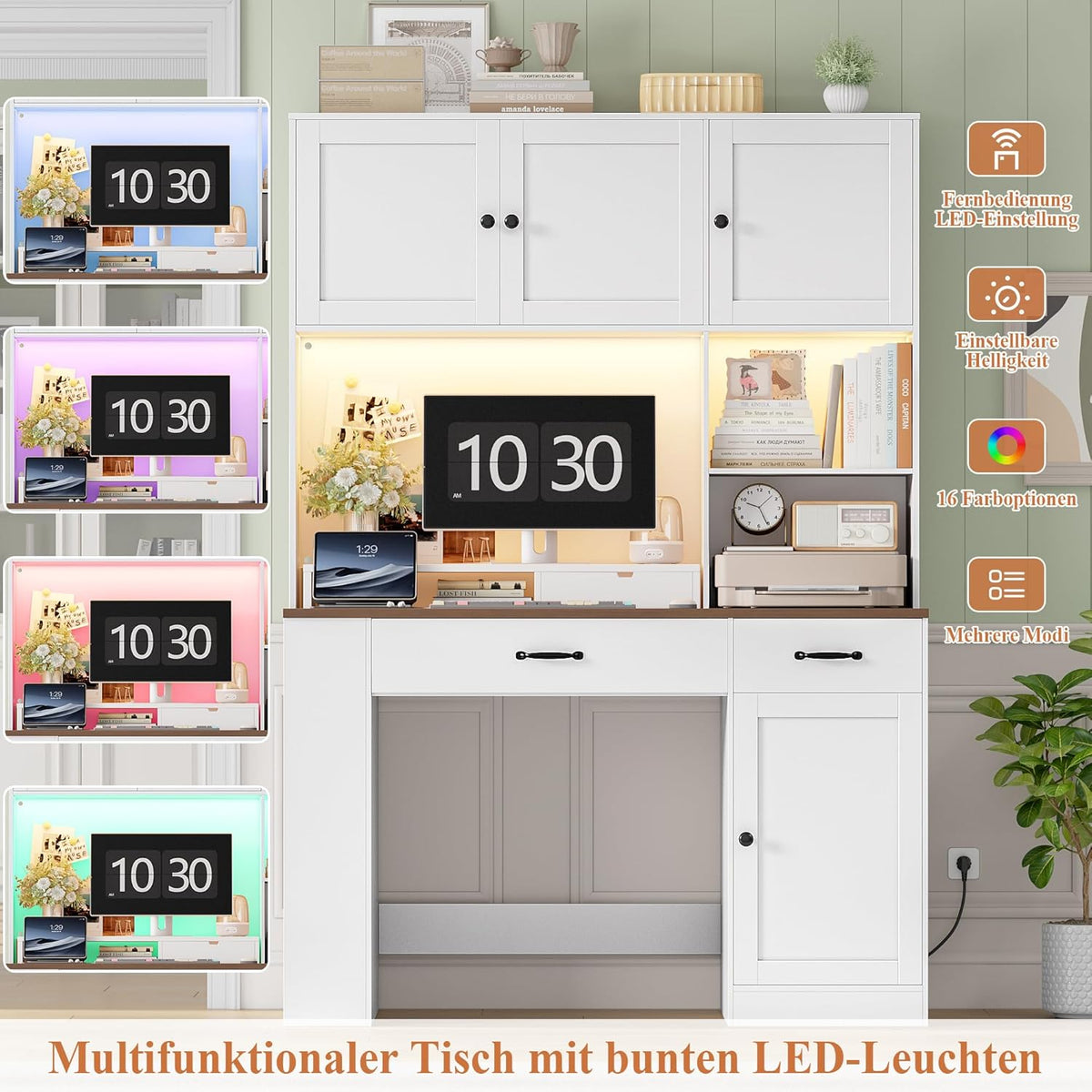 FirFurd 180cm hohe Schreibtisch mit Schubladen und Bücherregal, Computertisch aus Holz mit LED & Steckdosenleiste, Bürotisch PC-Tisch Möbel für Arbeitszimmmr, Büro, Kinderzimmer 180x120x50cm Weiß