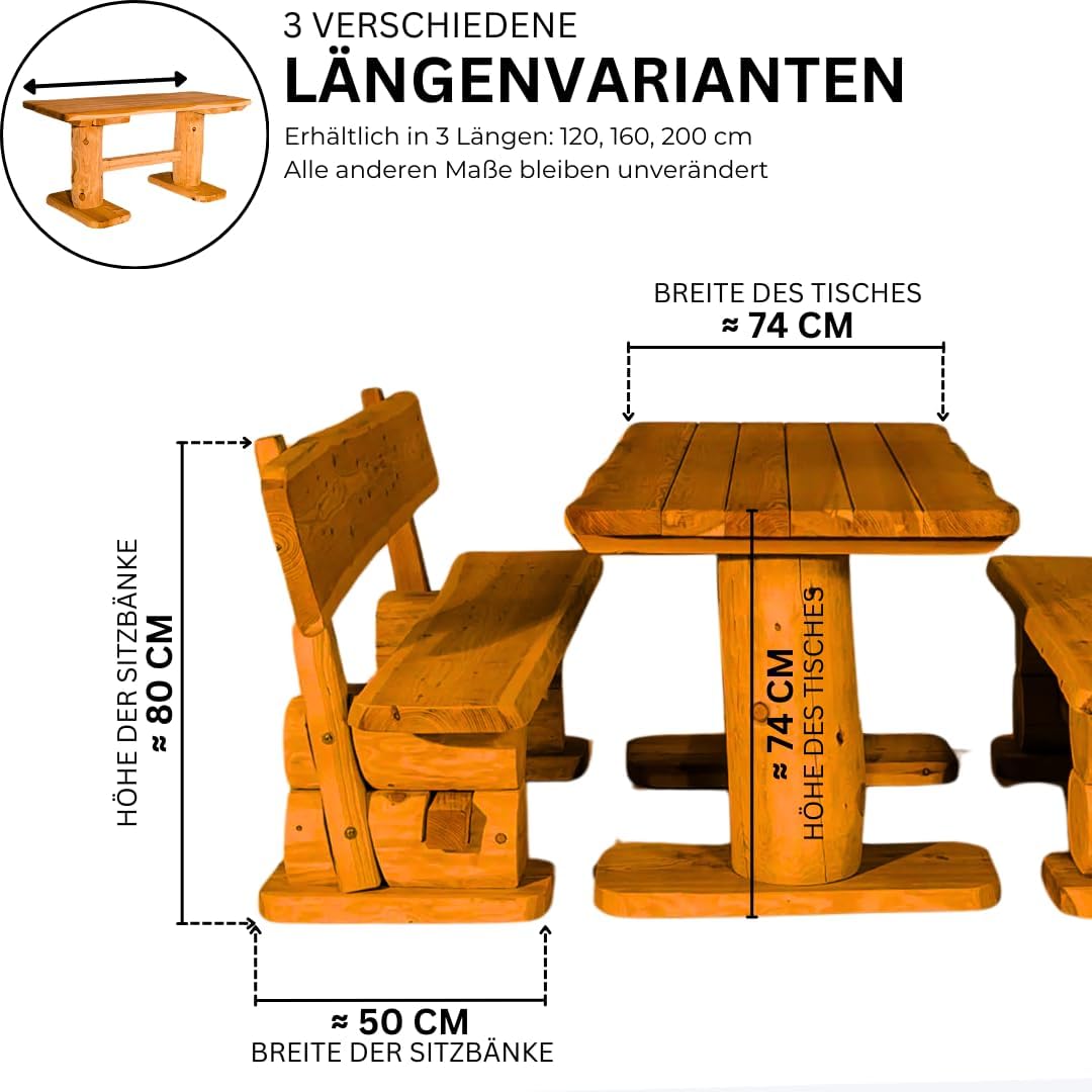 Massive rustikale Sitzgarnitur - Gartengarnitur - Aus heimischer Kiefer - Mit Holzschutzlasur behandelt (200 cm)