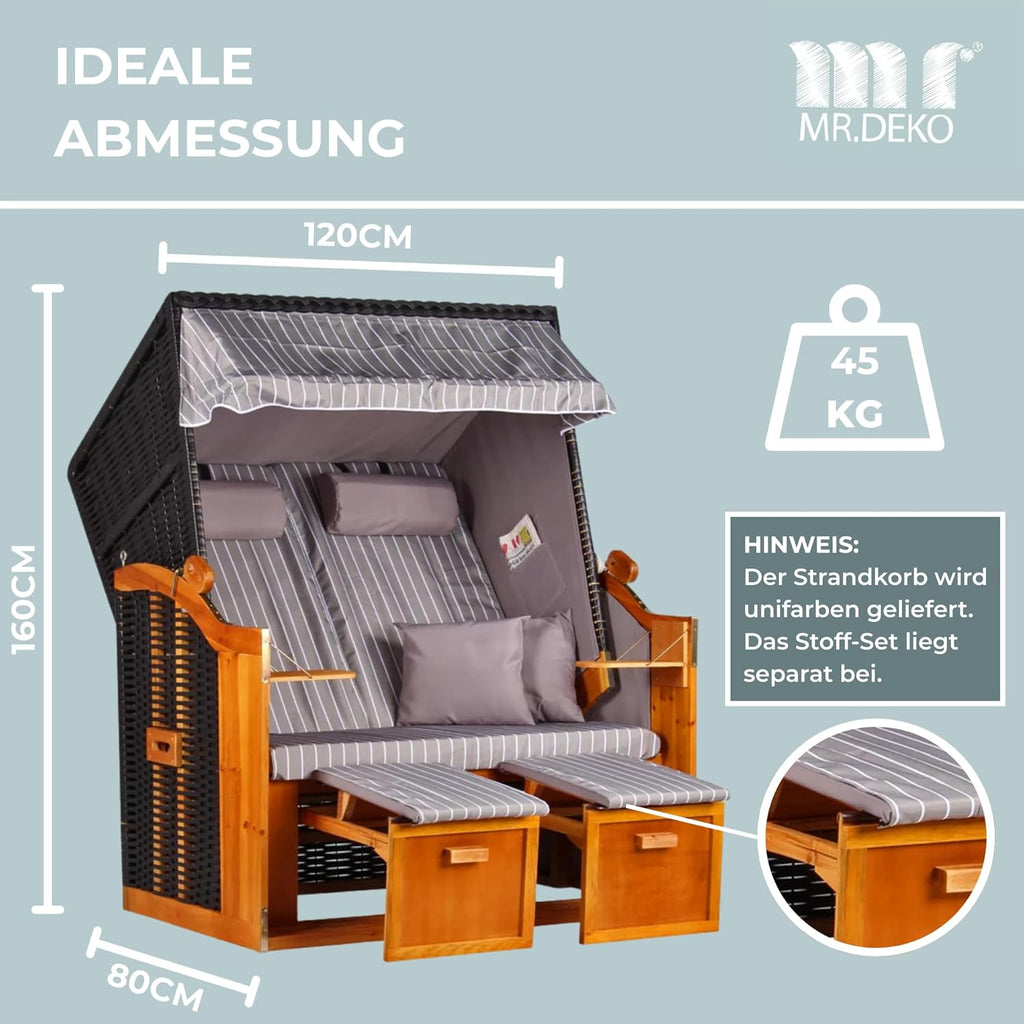 Strandkorb Ostsee Wacholder PE Schwarz (Dessin Royal Grau) | 2 Sitzer-Strandkorb wetterfest | Volllieger Hartholz Zweisitzer | Strandkörbe Balkon | Beach Chair Garten