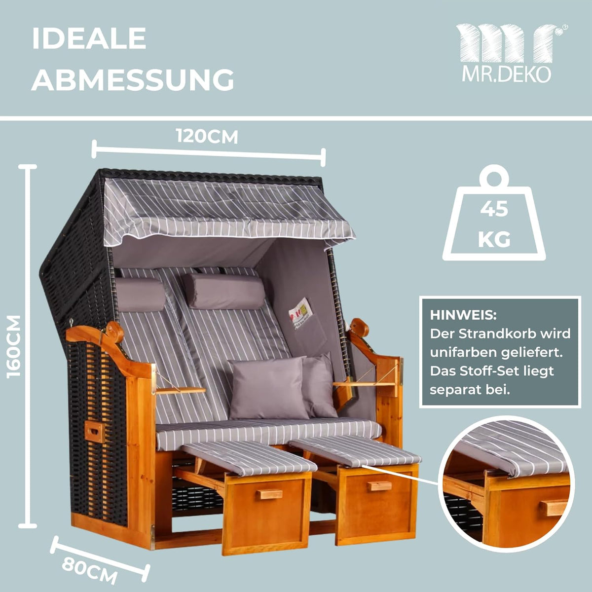 Strandkorb Ostsee Wacholder PE Schwarz (Dessin Royal Grau) | 2 Sitzer-Strandkorb wetterfest | Volllieger Hartholz Zweisitzer | Strandkörbe Balkon | Beach Chair Garten