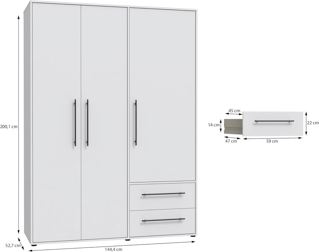 FORTE Jupiter Schrank 140 150, weißer Kleiderschrank, Drehtürenschrank, 3-türig, mit 2 Schubladen und Einlegeböden, Weiß, 145 cm breit x 59 cm tief x 200 cm hoch