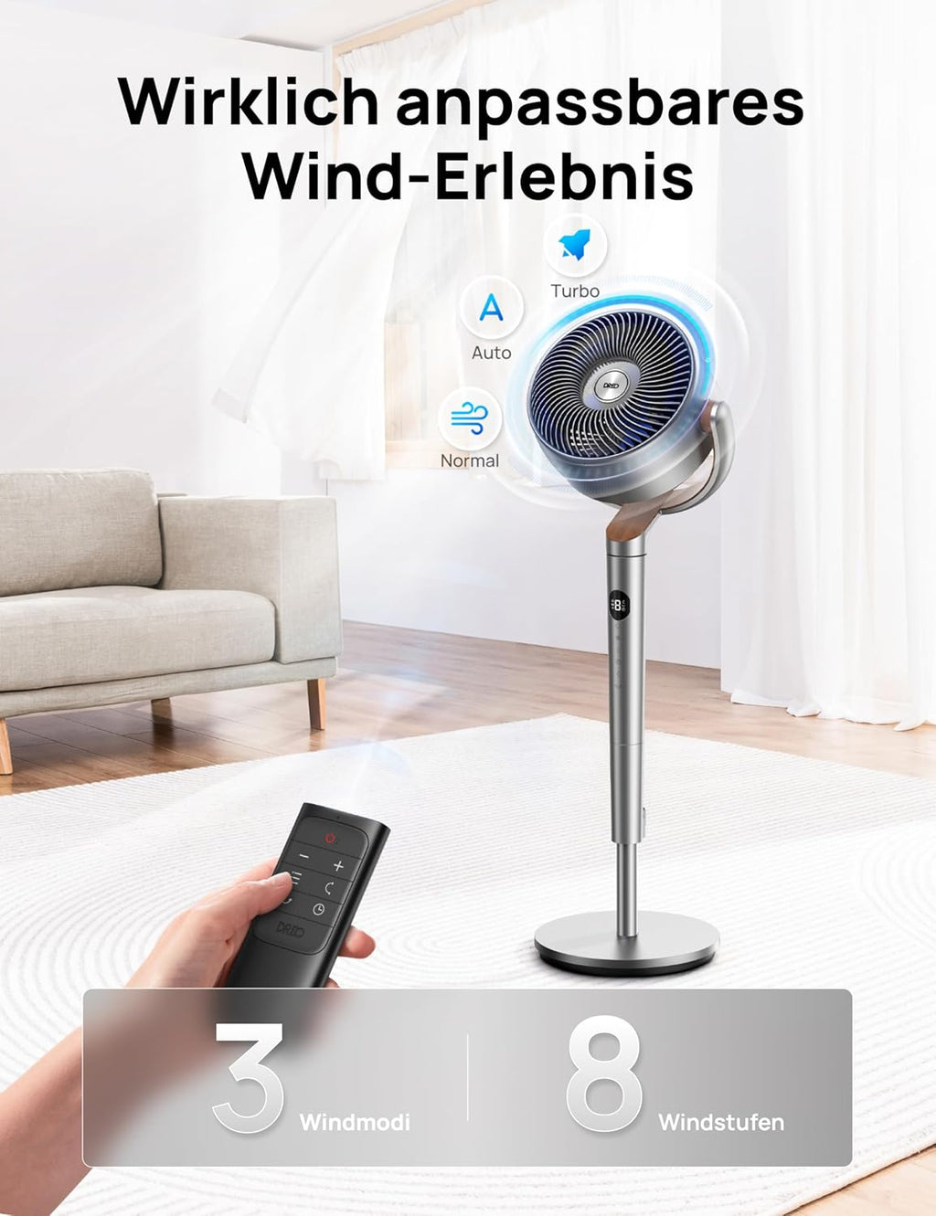 Dreo 20dB leiser Standventilator, 120°+120° Omni-direktionale oszillierende Ventilator, 26M Windentfernung, 1200m³/h Luftvolumen Echt Turbo-Luftzirkulator Fans, 102CM Höhe 3 Modi 8-Geschwindigkeit