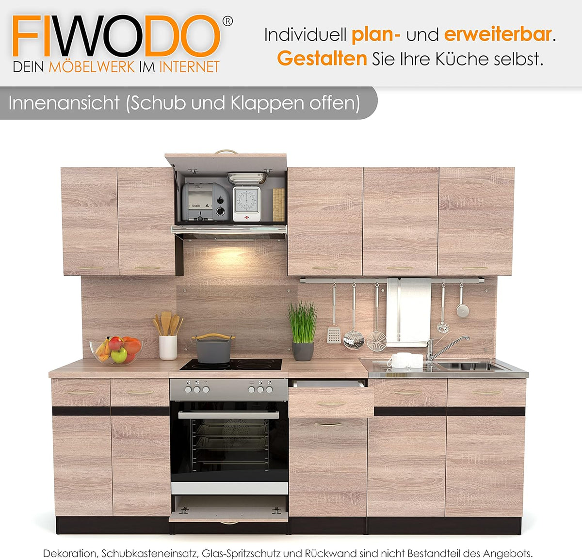 FIWODO Küchenzeile mit Elektrogeräten - ERWEITERBAR - Küche, Einbauküche in Farbe: Eiche Sonoma, 240cm, mit Spülbecken, Mischbatterie, Herd, Backofen, Abzugshaube, NEUWARE mit GARANTIE
