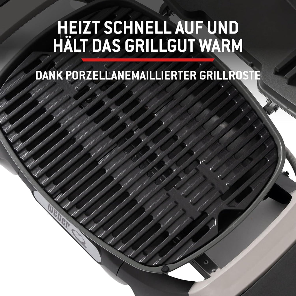 Weber Q 2200N Gasgrill mit Seitentischen & kompakten Stand/Grill für Terrassen und Balkone mit Hochleistungsbrennern, porzellanemaillierten Gussrosten und elektronischer Zündung, Mitternachtsschwarz