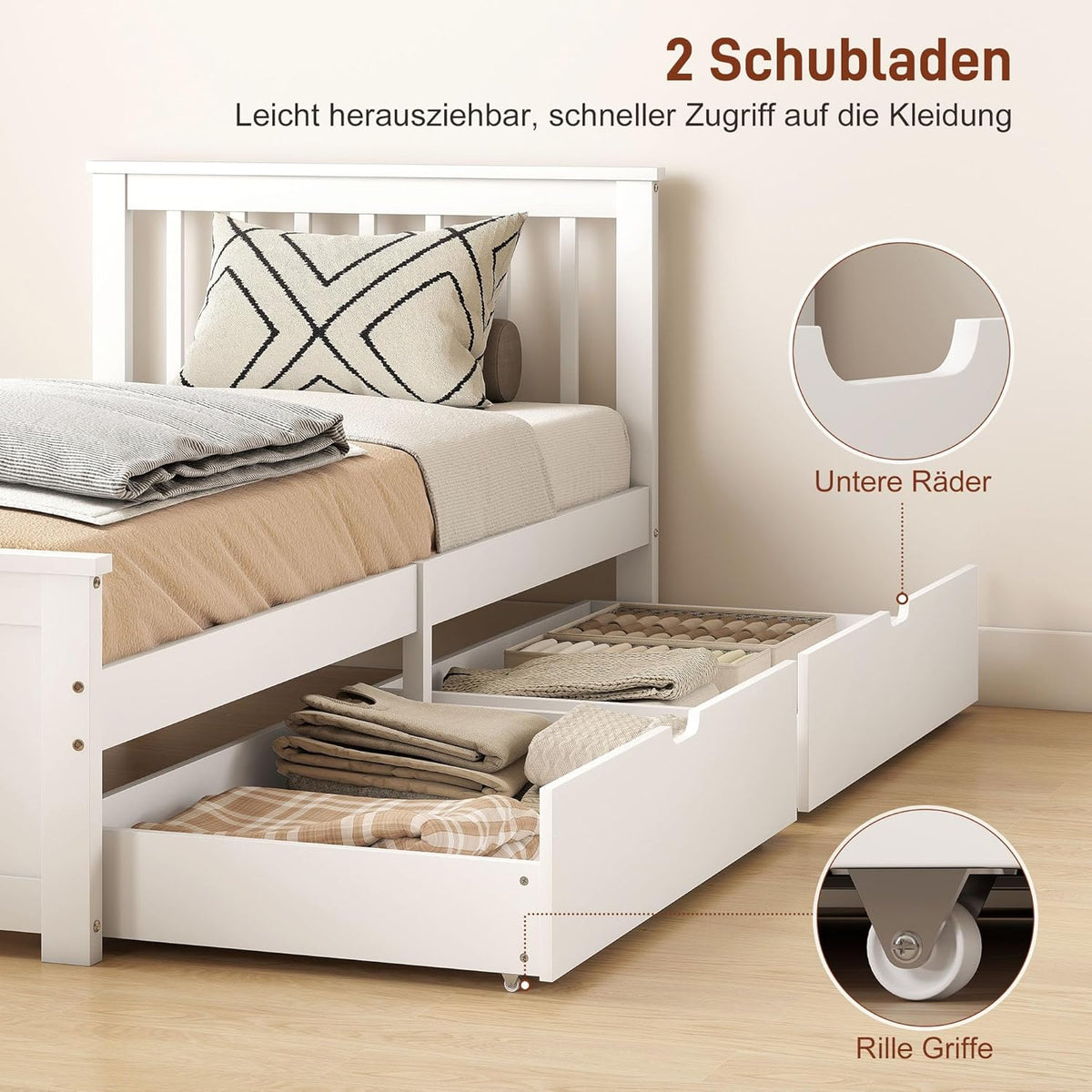 HOMCOM Bett 90 x 200 cm Bettrahmen mit Lattenrost aus Holz, Schublade, Unterbettaufbewahrung, Einzelbett, Holzbett mit Kopfteil, Bettgestell für Schlafzimmer, Gästezimmer, Weiß