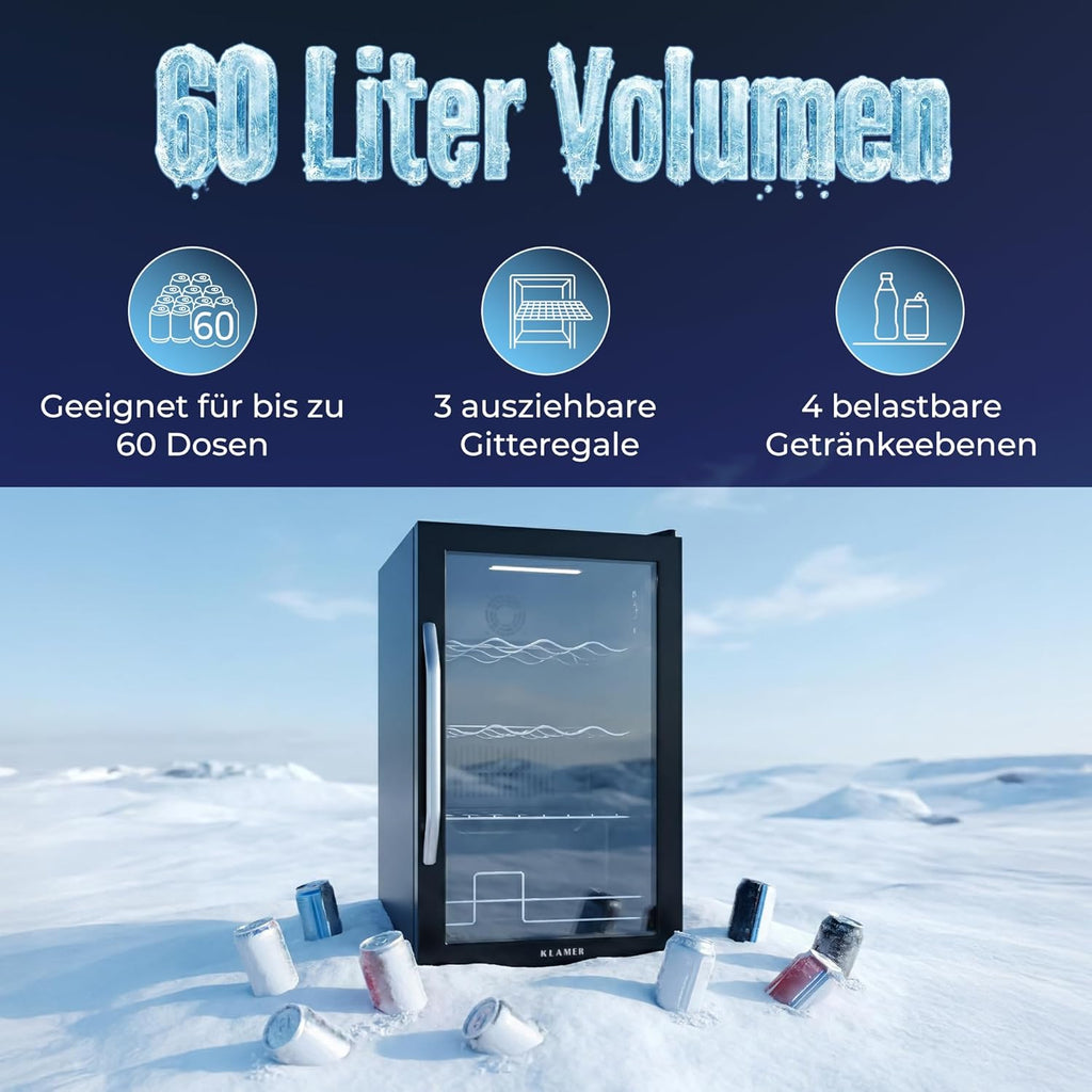 KLAMER Getränkekühlschrank 60 L, Mini Kühlschrank bis 60 Dosen, 0–20°C Touch Display, Glasfront, Automatische Abtaufunktion, Edelstahlgriff, Kühlschrank ohne Gefrierfach