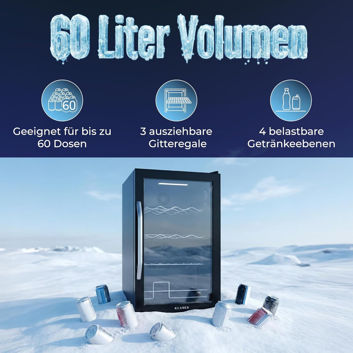 KLAMER Getränkekühlschrank 60 L, Mini Kühlschrank bis 60 Dosen, 0–20°C Touch Display, Glasfront, Automatische Abtaufunktion, Edelstahlgriff, Kühlschrank ohne Gefrierfach