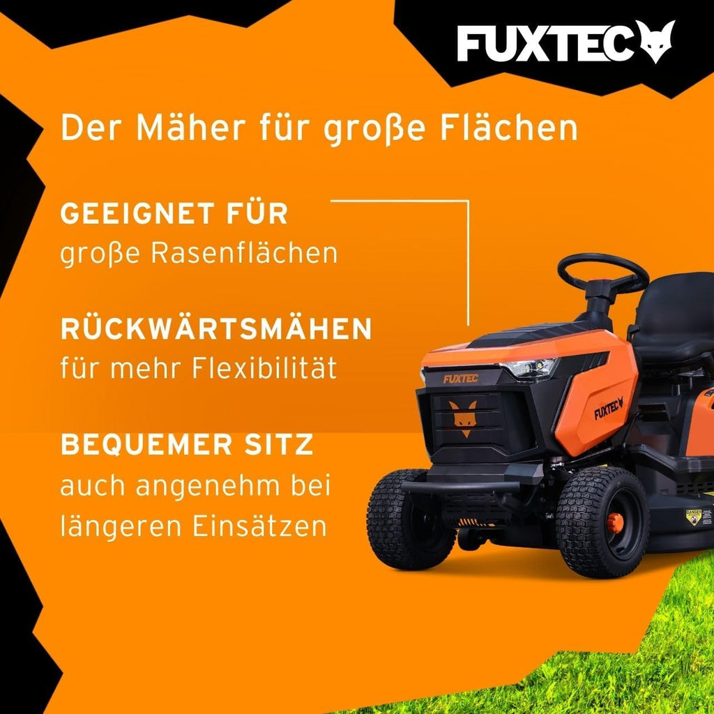 FUXTEC Rasentraktor FX-RMT92A, Aufsitzmäher mit 92cm Schnittbreite, 6-stufige Schnitthöhenverstellung, 452ccm Hubraum, Hydrostat, Rückwärtsmähen, geeignet für Flächen bis 6500m²