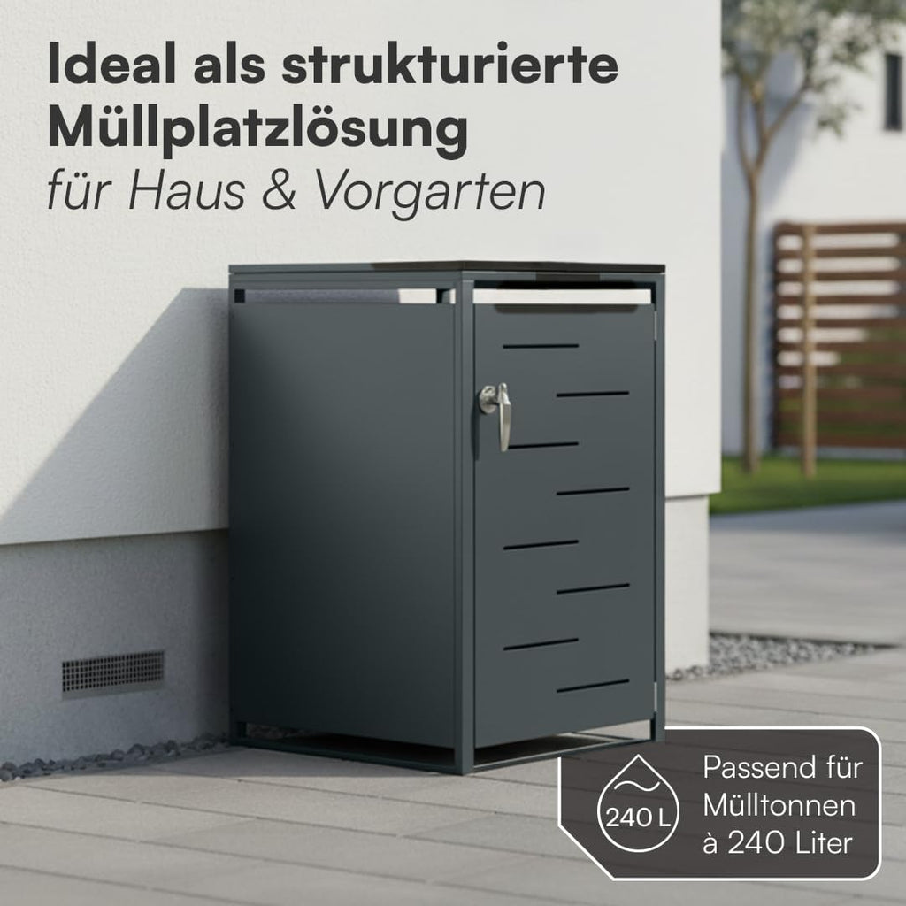STEELSØN Diorus Mülltonnenbox 1er bis 240L abschließbar – Hochwertige Mülltonnenverkleidung 1 Tonne aus Stahl – Müllbox Müllcontainer Anthrazit - Mülltonnen Box wetterfest – Gerätebox mit Schloss