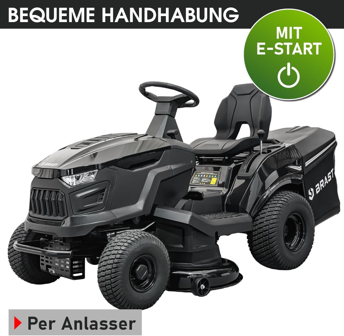 BRAST Benzin Rasentraktor Aufsitzmäher 9,2 kW (12,5 PS) Elektrostart XXL Schnittbreite 98cm 2in1-Funktion 7-Gang-Getriebe 245L Fangkorb für große Rasenflächen 1.000-5.000 m2