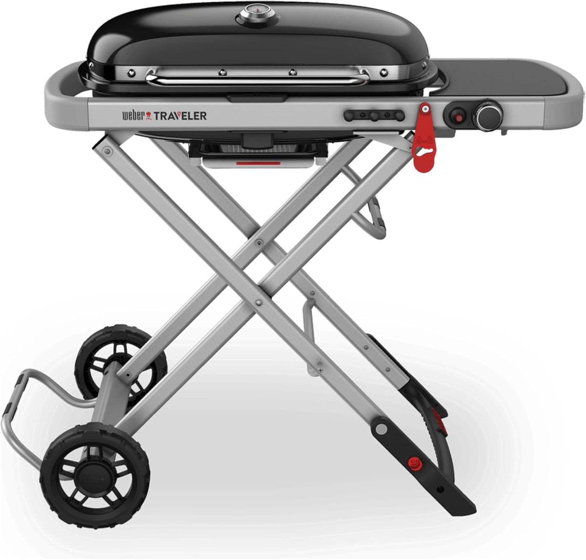 Weber Traveler Gasgrill/Klappbarer tragbarer Gasgrill mit Rädern, automatischer Deckelverriegelung und integriertem Thermometer, 1 Brenner, 111 cm Breite, 2065 cm² Grillfläche, schwarz
