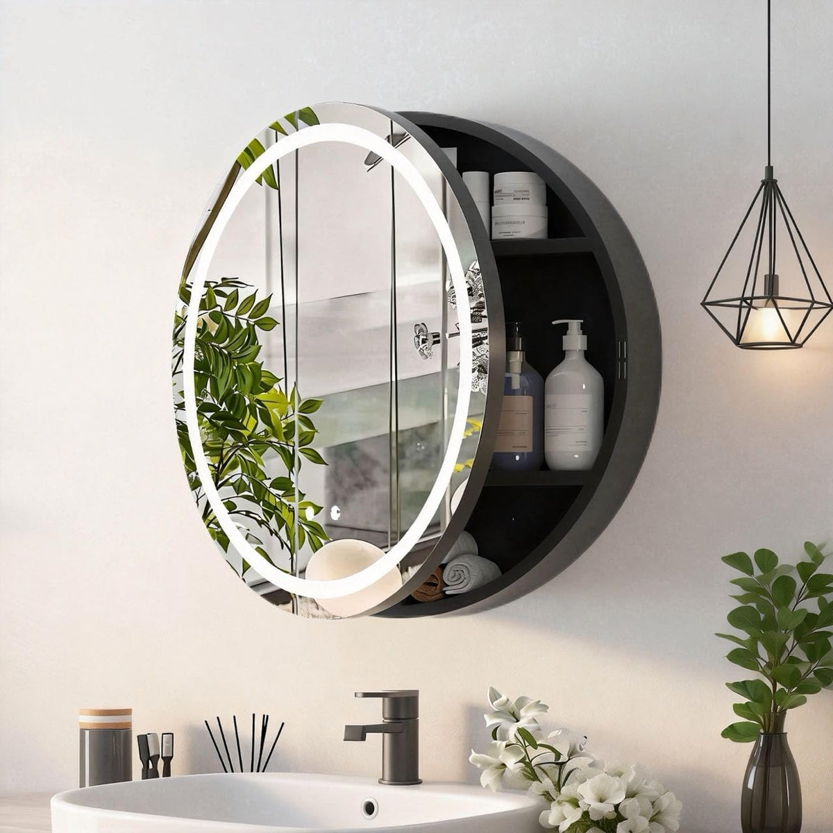 Badezimmerschrank mit Licht,Spiegelschrank rund montagefrei mit Beleuchtung,LED-Spigelschrankschrank,Runder Schwarzer Metallrahmen,Spiegelschrank für Badezimmer,3 Lichtfarben, Antibeschlag,60x60cm