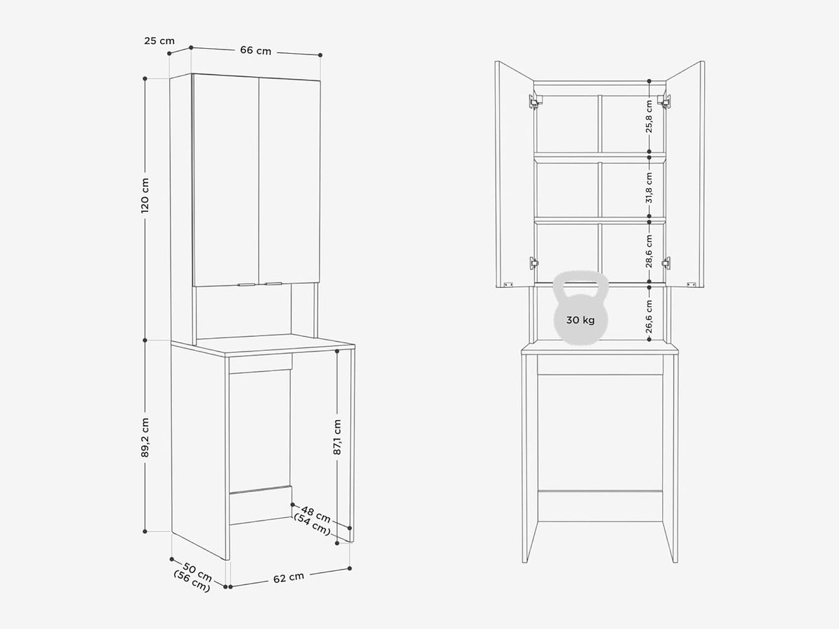 PLATAN ROOM Waschmaschinenschrank Badezimmer Hochschrank Überbauschrank für Waschmaschine und Wäschetrockner 210 x 65 x 50/56 cm weiß (Kaschmir (beige), 56 cm tief)