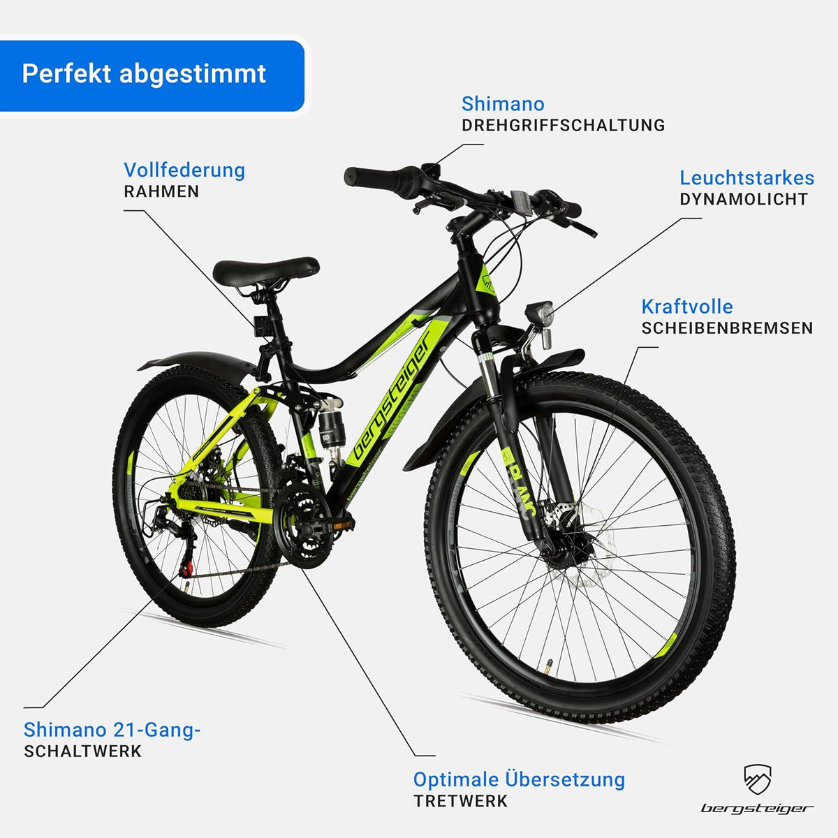 Bergsteiger Broome 24, 26 Zoll Kinderfahrrad, 21 Gang-Schaltung, StVZO, Mountainbike mit Vollfederung, Scheibenbremsen & Dynamo-Licht, geeignet für 8, 9, 10, 11, 12, 13 Jahre, Jungen & Mädchen
