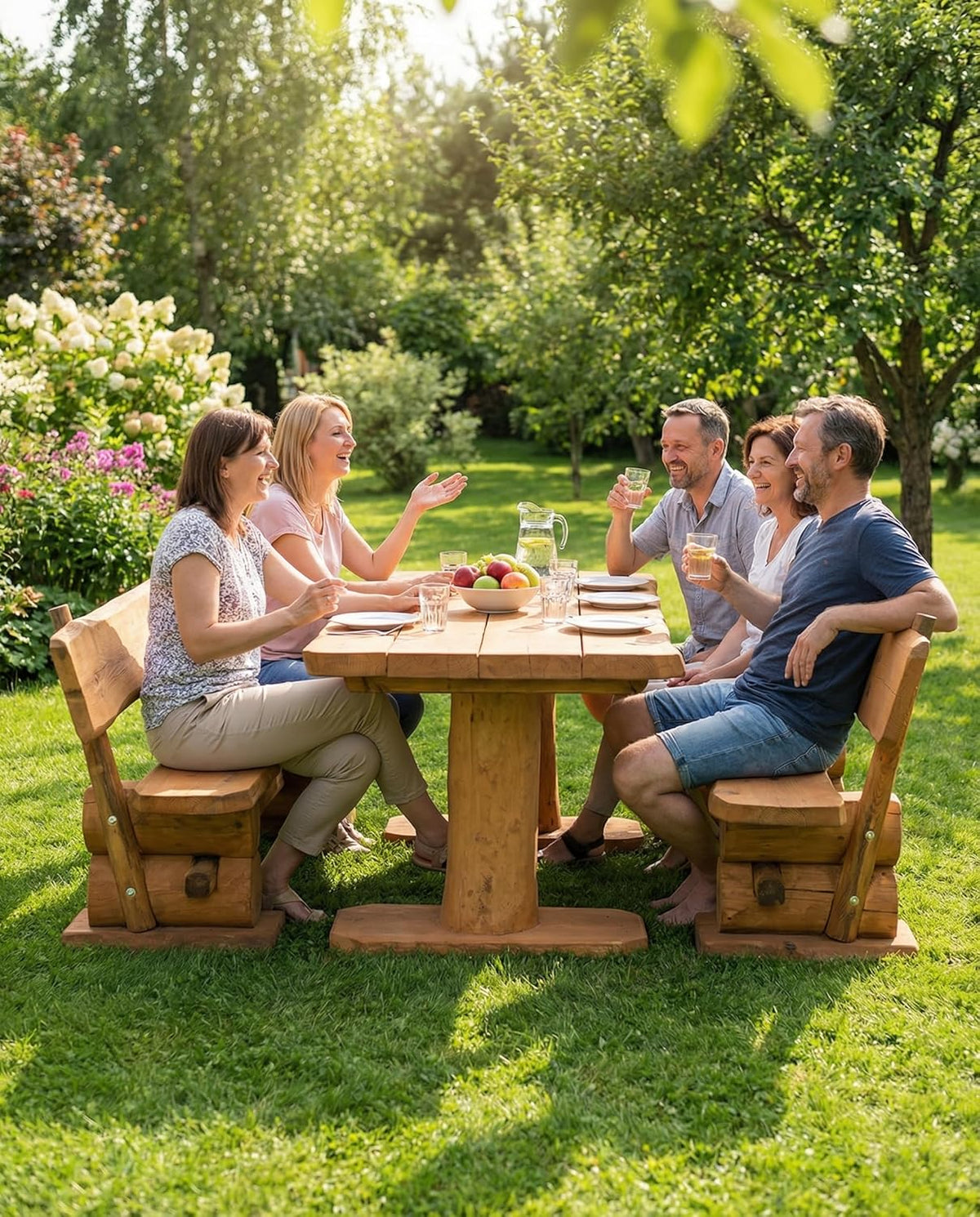 Mega Holz Gartengarnitur Rustikal Pinie Lasiert 200 cm - Aus heimischer Kiefer - Fertig montierte Sitzbank für Terrasse, Garten & Balkon mit Rückenlehne - Zeitloses Design, wetterfest & pflegeleicht