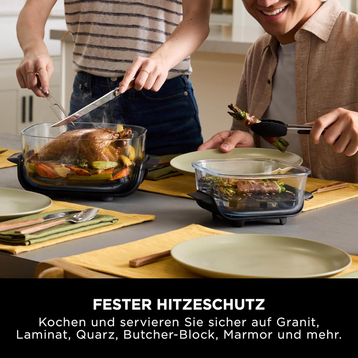 Ninja CRISPi tragbare Air fryer Heißluftfritteuse, 3,8 l, 4-in-1: Heißluftfrittieren, Braten, Warmhalten, Recrisp, 6 Portionen, 2x herausnehmbare Glasbehälter & Deckel, 1700 W, Stone Gold FN101EUSTGD