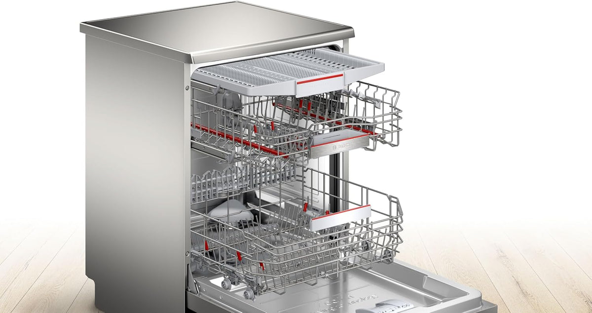 Bosch SMU4ETS08E, Serie 4, Smarter Unterbau-Geschirrspüler 60 cm, Besteckkorb, Spülmaschine mit Programmassistent, besonders Leise, höhenverstellbarer Oberkorb, Automatische Türöffnung, Edelstahl