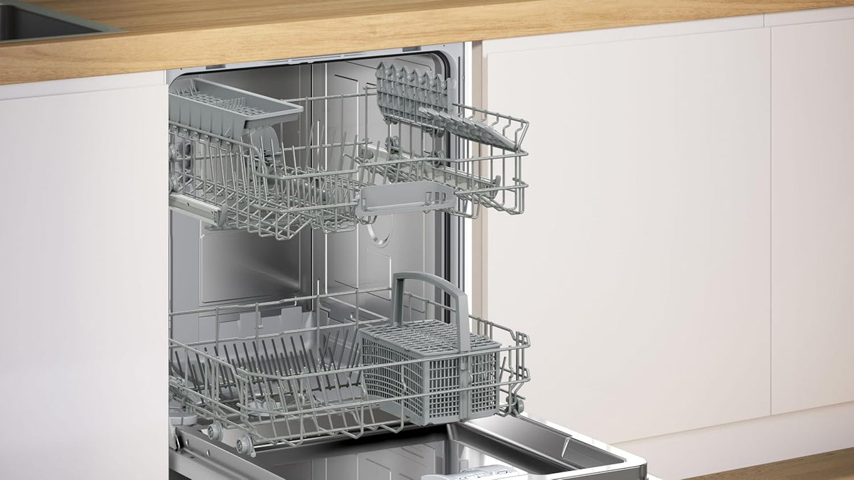 Bosch SMU4ETS08E, Serie 4, Smarter Unterbau-Geschirrspüler 60 cm, Besteckkorb, Spülmaschine mit Programmassistent, besonders Leise, höhenverstellbarer Oberkorb, Automatische Türöffnung, Edelstahl