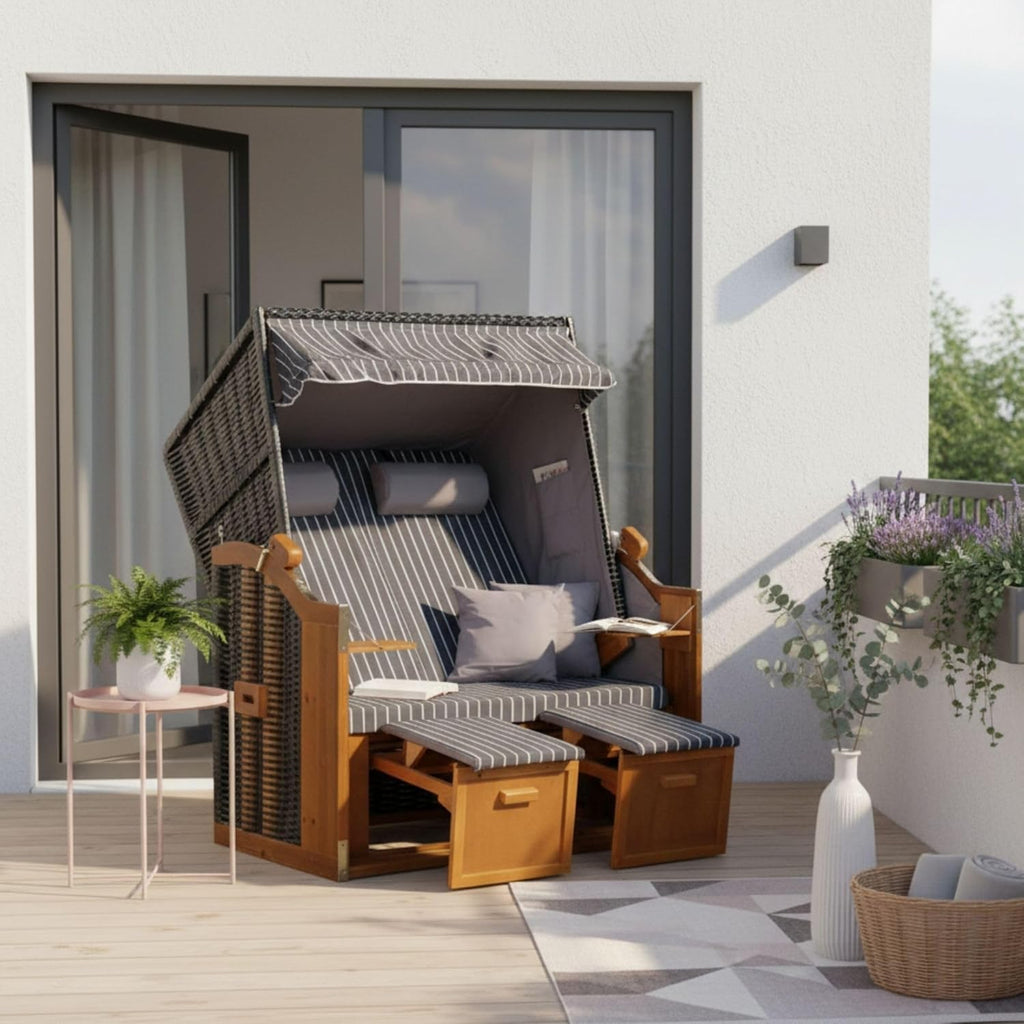 Strandkorb Ostsee Wacholder PE Schwarz (Dessin Royal Grau) | 2 Sitzer-Strandkorb wetterfest | Volllieger Hartholz Zweisitzer | Strandkörbe Balkon | Beach Chair Garten