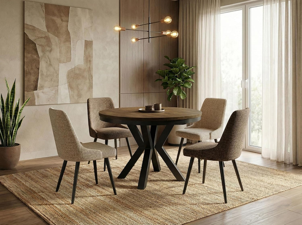 WFL GROUP Runder Ausziehbarer Esstisch im Loft-Stil - Industrieller Tisch mit Schwarzen Metallbeinen - Platzsparender Tisch für Wohnzimmer - Lefkas Eiche - 100 bis 180 cm