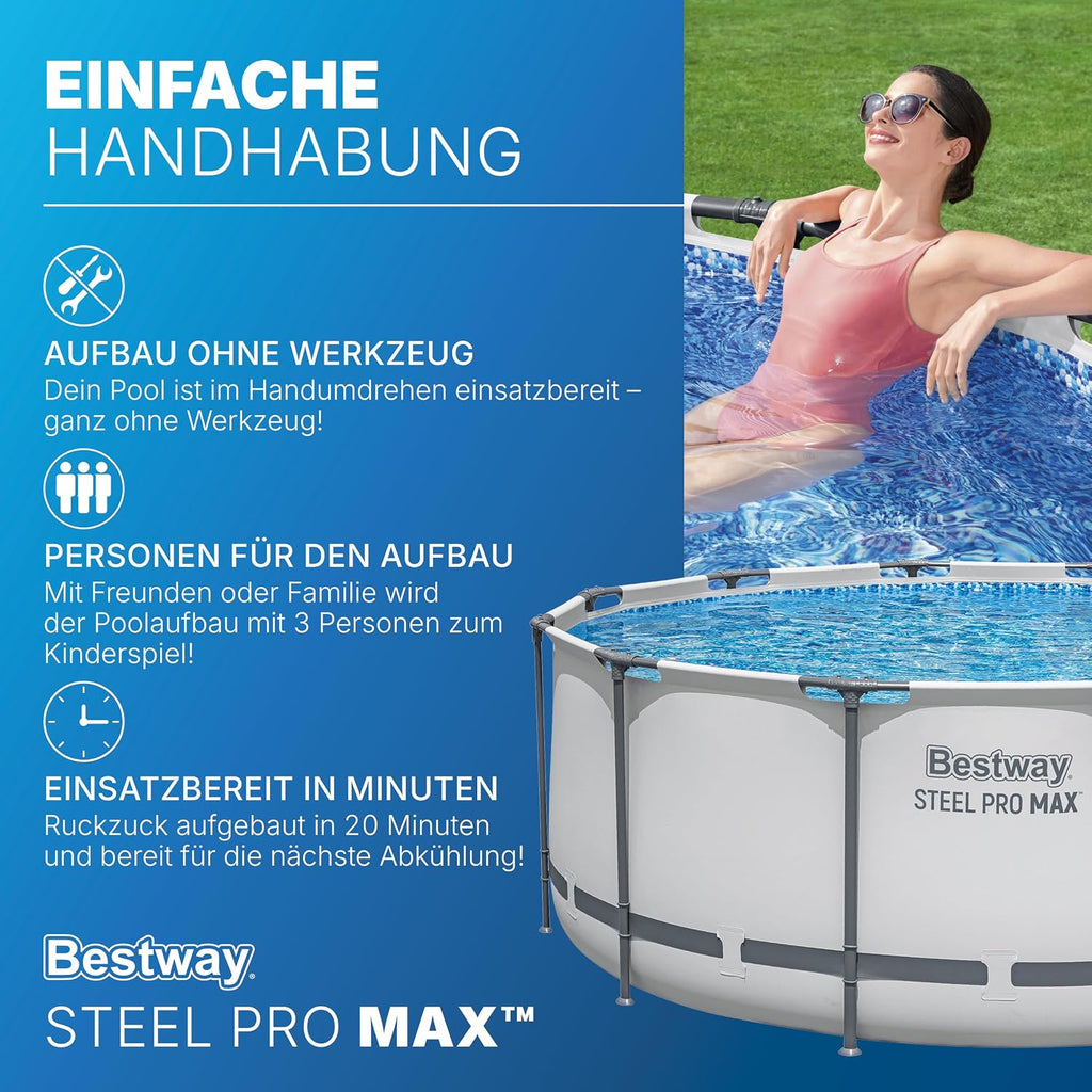 Bestway® Steel Pro MAX™ Aufstellpool Komplett-Set mit Filterpumpe Ø 366 x 122 cm, lichtgrau, rund
