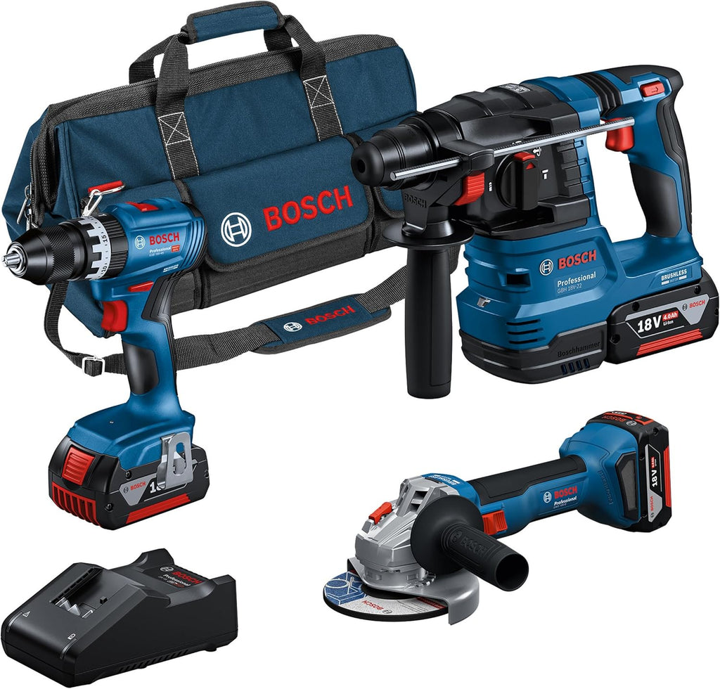 Bosch Professional 18V System Akku-Combo Kit: GSB 18V-45 + GBH 18V-22 + GWS 18V-8 (inkl. 3x GBA 4.0Ah, GAL 18V-40, Werkzeugtasche) – Amazon Exclusive
