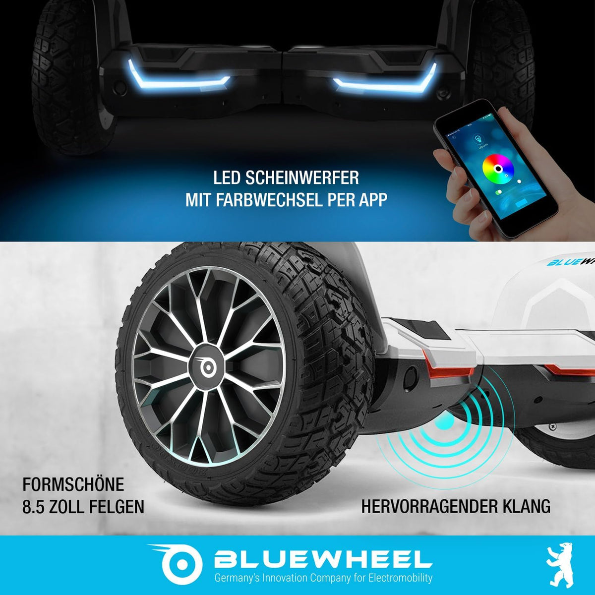 8.5" Premium Offroad Hoverboard Bluewheel HX510 SUV Deutsche Qualitäts Marke- Kinder Sicherheitsmodus & App - Bluetooth - Starker Dual Motor - Elektro Skateboard Self Balance Scooter