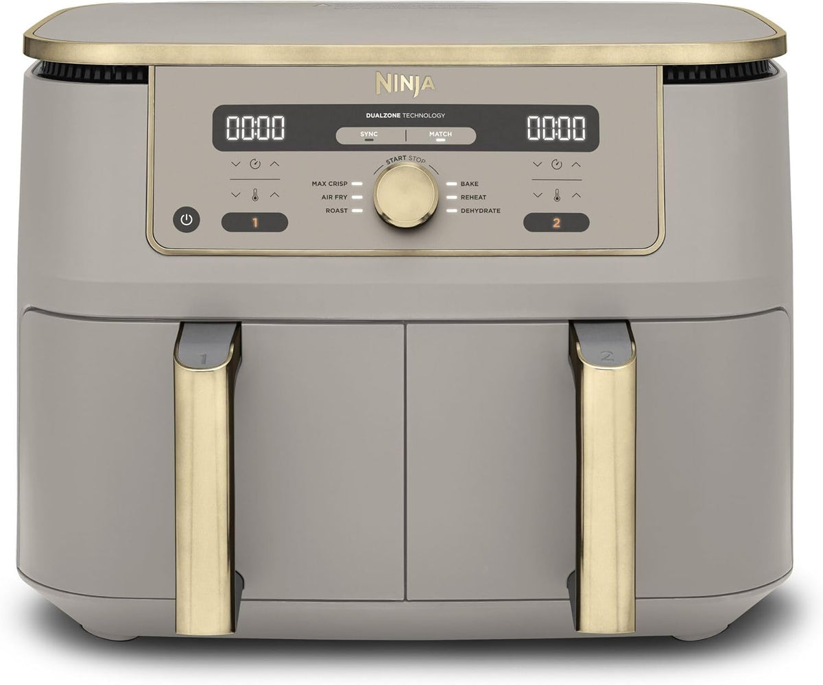 Ninja Dual Zone Digital Air Fryer, 2 Schubladen, 6-in-1, Heißluftfritteuse, 9,5L, Heißluft-Frittieren, Max Crisp, Rösten, Backen, Aufwärmen, Spülmaschinenfeste Körbe, Stone/Gold DZ400EUSTGD