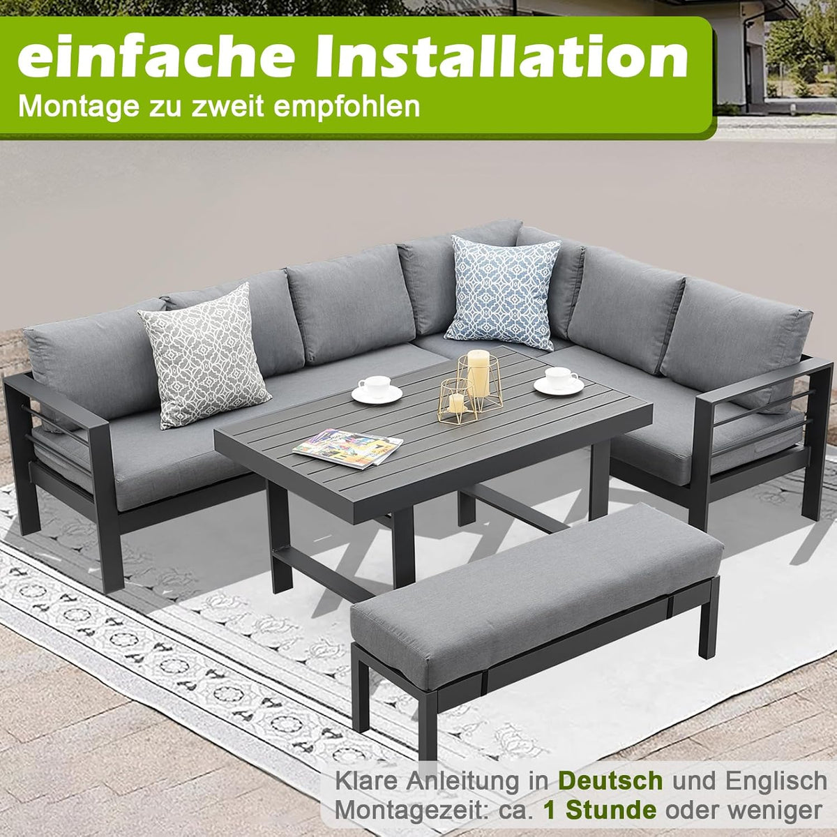 Atenza Aluminium Gartenlounge Set 6-8 Personen, Ecklounge Gartenmöbel-Set mit Ecksofa, Tisch und Sitzbank, Outdoor Lounge mit Sitz- und Rückenkissen für Garten, Terrasse, Balkon (Grau)