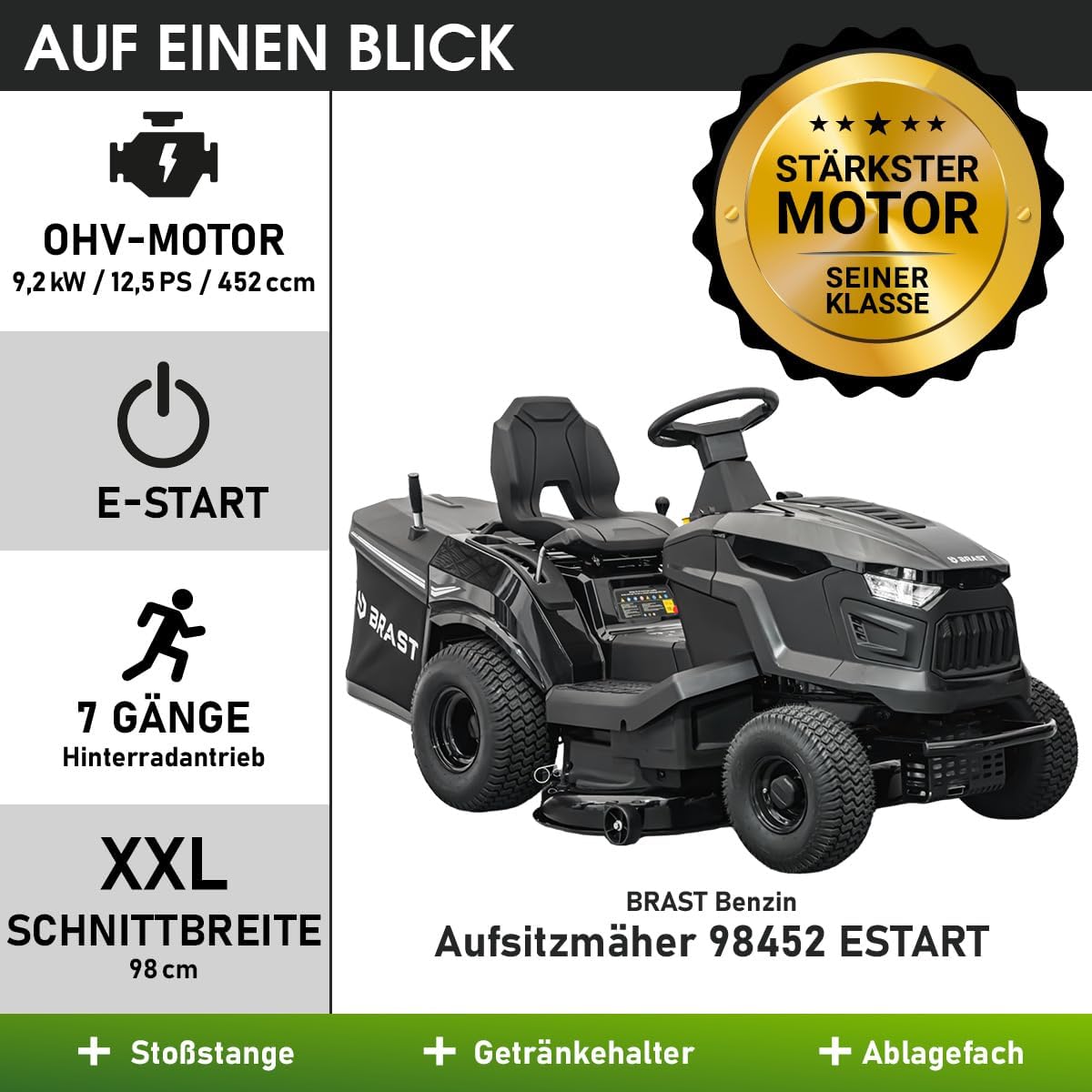 BRAST Benzin Rasentraktor Aufsitzmäher 9,2 kW (12,5 PS) Elektrostart XXL Schnittbreite 98cm 2in1-Funktion 7-Gang-Getriebe 245L Fangkorb für große Rasenflächen 1.000-5.000 m2