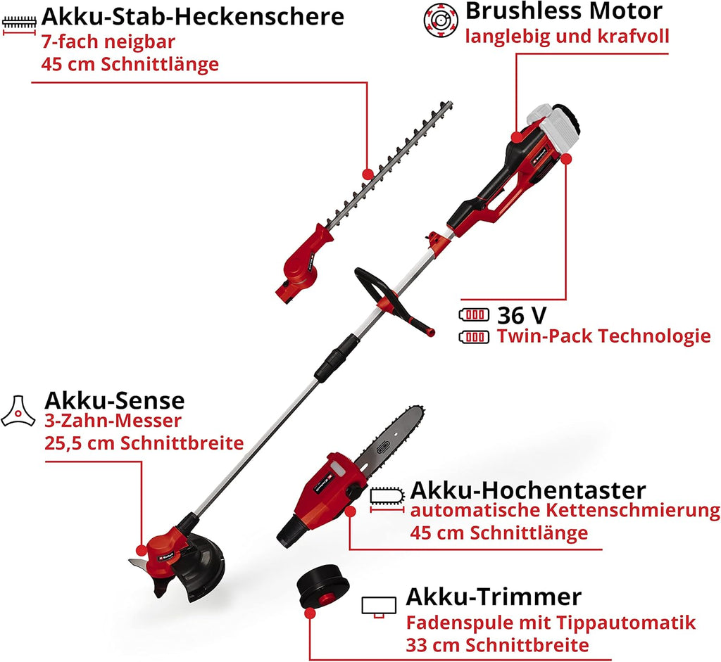 Einhell Akku-Multifunktionswerkzeug GE-LM 36/4in1 Li-Solo Power X-Change (Lithium-Ionen, 4 in 1 - Heckenschere, Kettensäge, Trimmer, Motorsense, ohne Akku und Ladegerät)