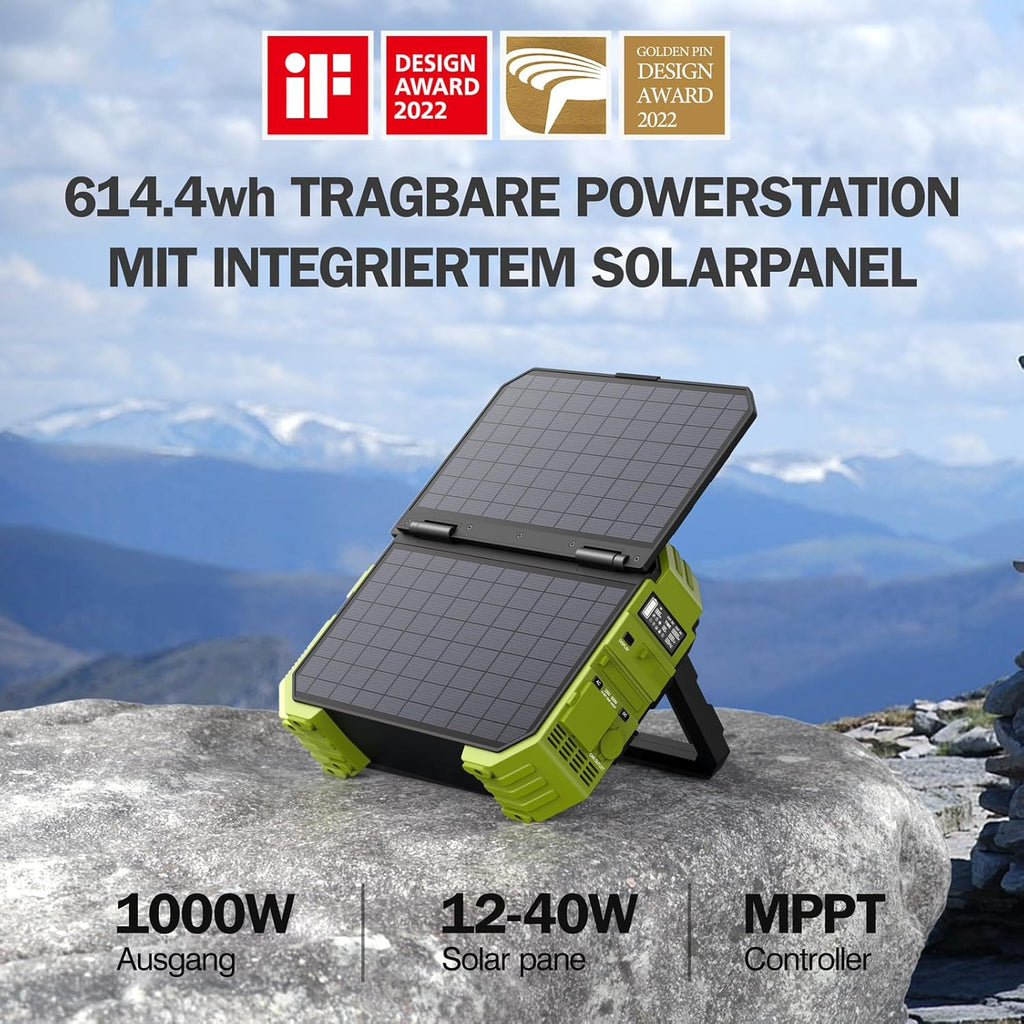 BROWEY Tragbare Power Station mit Solarpanel, 12-40W eigenes Solarladepanel, 614WH, 1000W Nennleistung, 2000W Spitzenleistung Solargenerator für Outdoor-Camping, Caravaning und Notfallvorbereitungen.