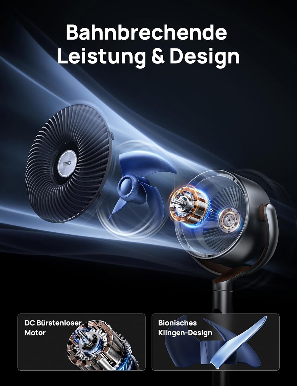 Dreo 20dB leiser Standventilator, 120°+120° Omni-direktionale oszillierende Ventilator, 26M Windentfernung, 1200m³/h Luftvolumen Echt Turbo-Luftzirkulator Fans, 102CM Höhe 3 Modi 8-Geschwindigkeit